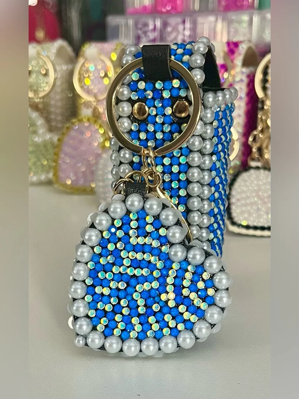 Hand Crafted Ocean Breeze Crystal Lipstick Case and Mirror Keychain